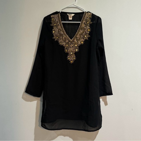 Lucky & Coco Black Sheer Gold Beaded Tunic Coverup – Size M - Picture 1 of 3